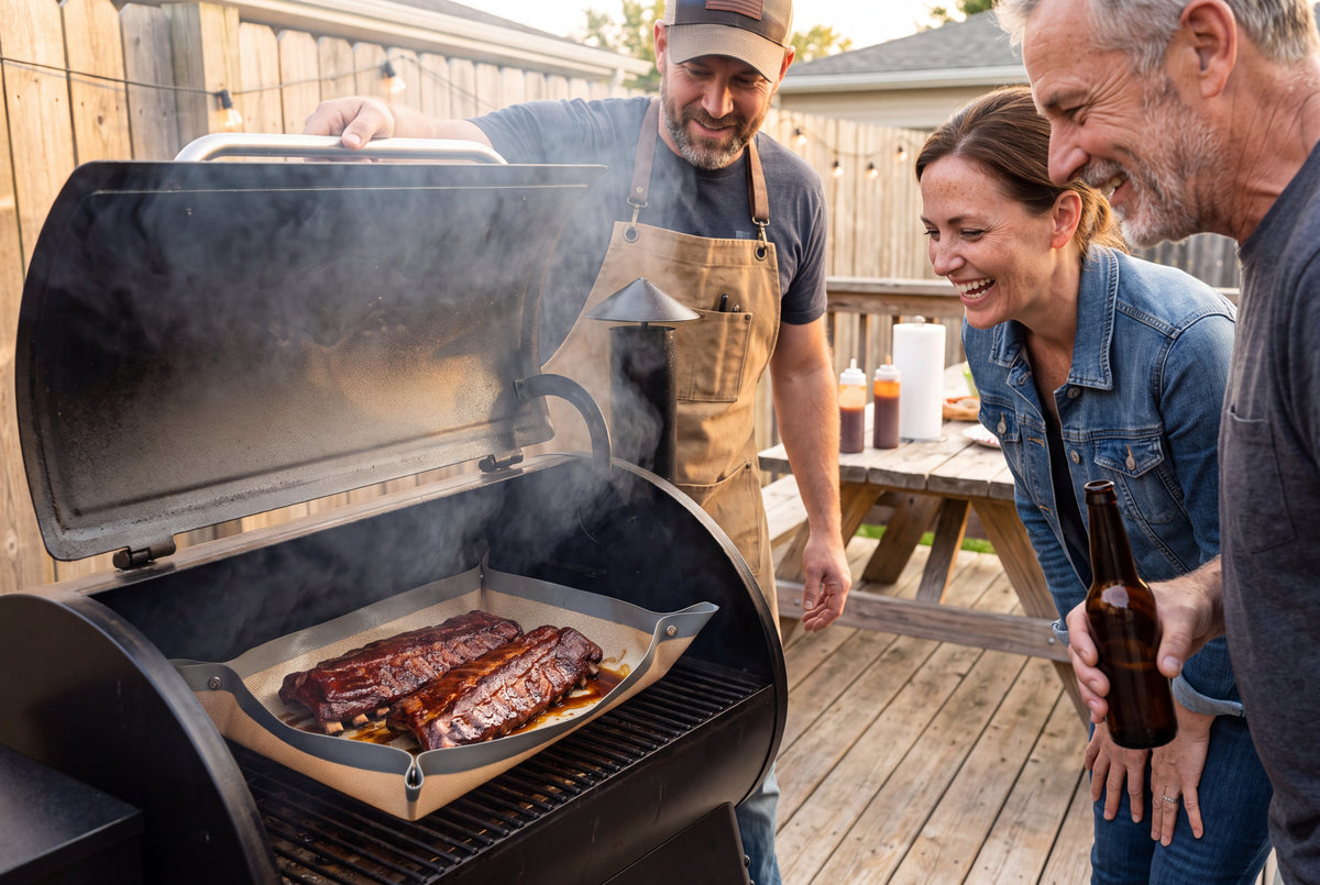 Friends laughing at a backyard pellet smoker while ribs cook on TrayFold