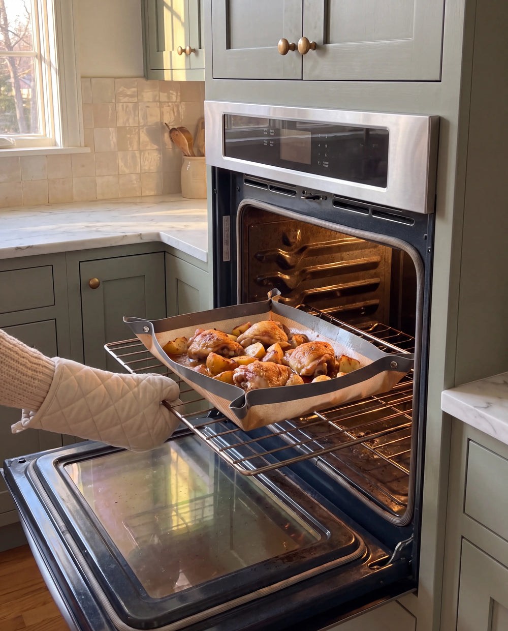 Chicken and potatoes roasting on TrayFold in a hot oven