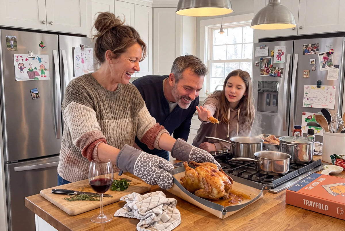 Family roasting a chicken on TrayFold