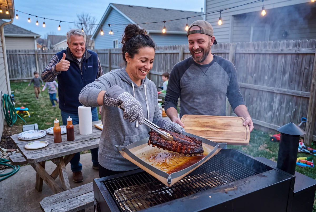 Ribs on TrayFold at a backyard grill
