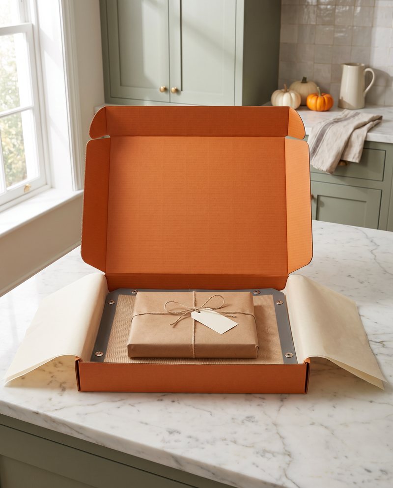 An open TrayFold box with a small kraft-wrapped gift tucked inside